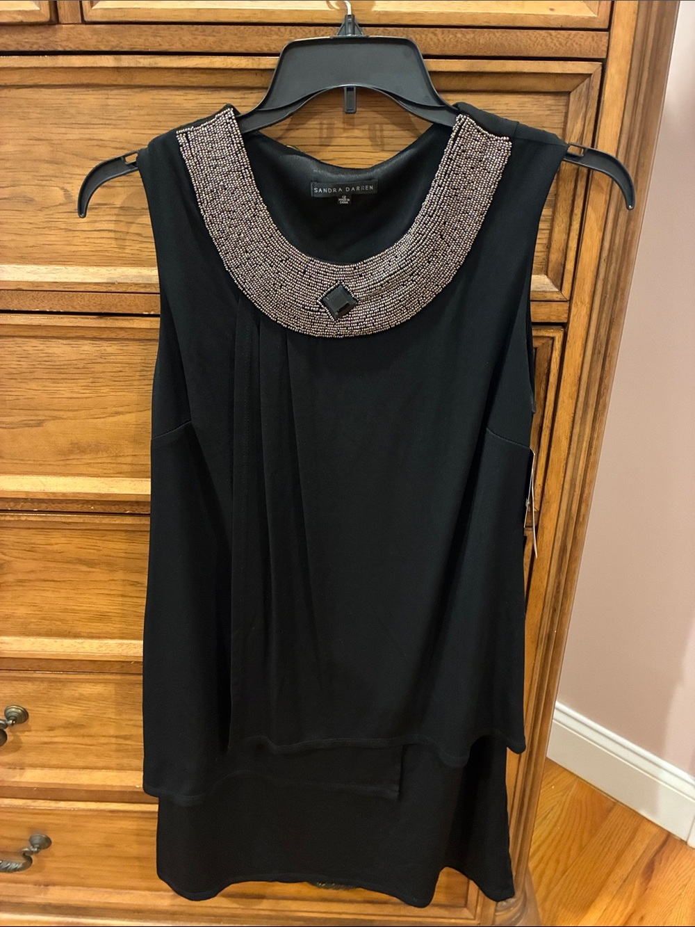 Sandra Darren Black Sleeveless Top with Beaded Collar
